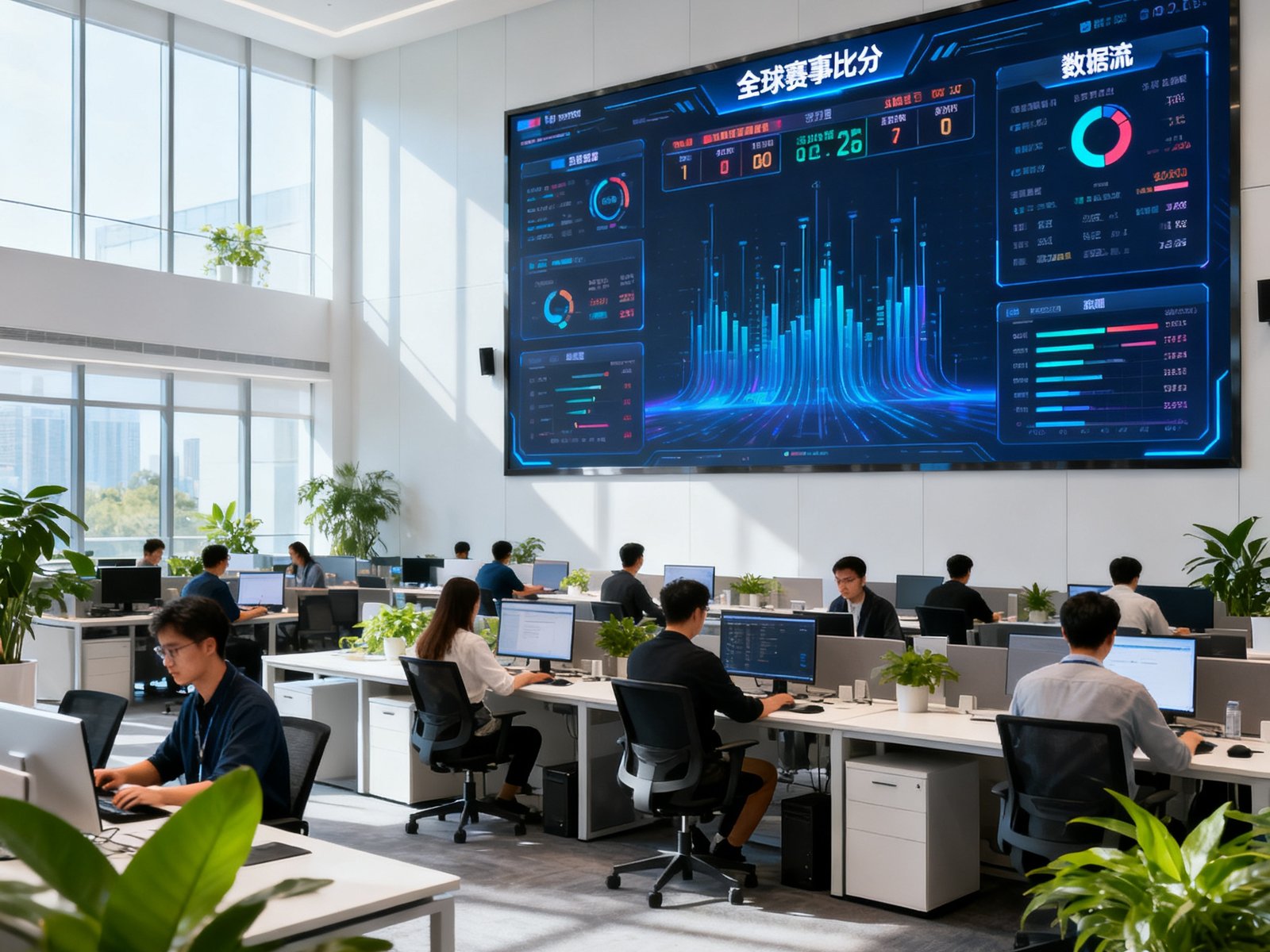 新球体育广州总部办公环境实拍，开放式的现代办公区内数十名员工正在工作，背景墙上悬挂着巨大的数据监控屏幕，实时显示全球赛事比分和数据流，空间宽敞明亮，绿植点缀其间。
