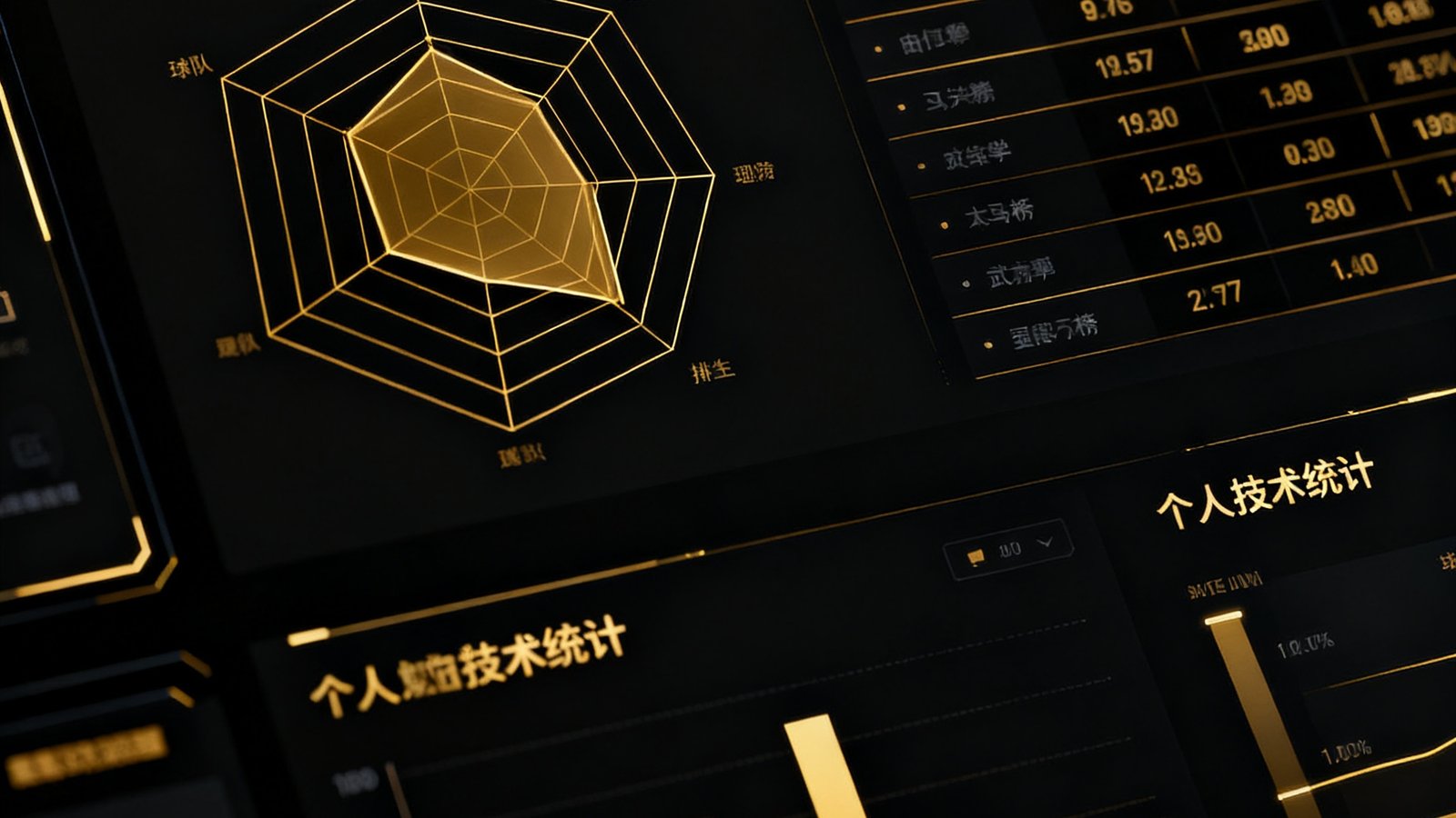 数据统计仪表盘页面特写，包含球队战绩雷达图、赛季积分榜排名表格以及球员个人技术统计柱状图，整体采用深色主题配金色数据线条，科技感十足。